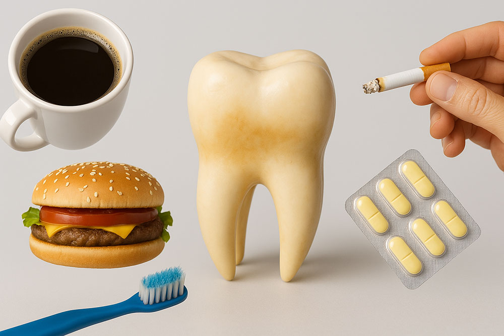 Teeth Whitening in Bayswater 4 Illustration showing common causes of tooth discoloration including coffee, smoking, food stains, medications, and poor oral hygien